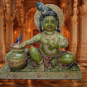 38.9 Kilo Bal Krishna Statue 18&#39;&#39; Natural Aventurine Stone Murti Handcrafted Indian Hindu God Idol Home Temple Decor Spiritual Art Sculpture