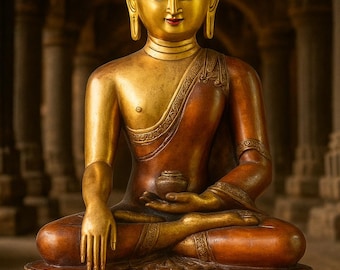 8.5 Inches Bronze Buddha Statue – Hand Carved Figurine with Pure Gold Artwork on Face – Buddhist Meditation Idol – Spiritual Home Decor