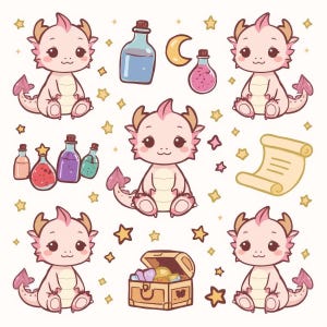 Kawaii Dragon Clipart Bundle – Cute Baby Dragon PNGs – Magical Fantasy Creatures – Transparent Background – Digital Download