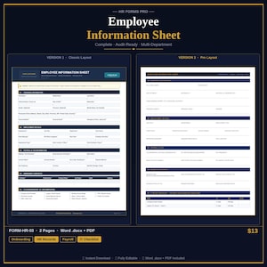 Employee Information Sheet | New Hire HR Record Form | Editable Word & PDF | Instant Download