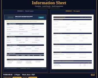 Hoja informativa del empleado / Formulario de registro de RRHH para nuevos empleados / Word y PDF editables / Descarga instantánea