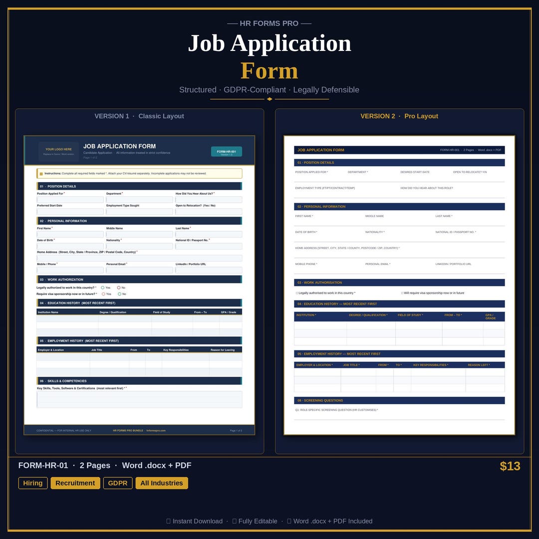 Job Application Form Template | Editable HR Form | Word & PDF | Instant ...