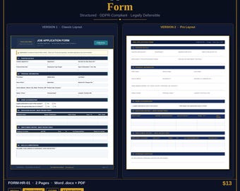 Plantilla de formulario de solicitud de empleo / Formulario de RRHH editable / Word y PDF / Descarga instantánea