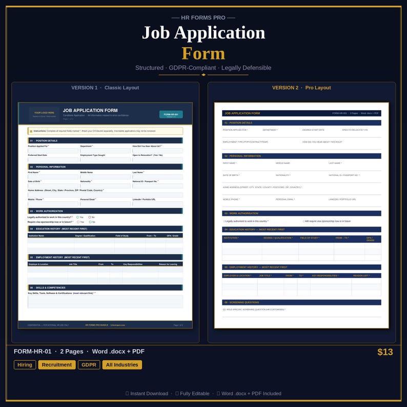 Job Application Form Template | Editable HR Form | Word & PDF | Instant ...