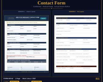 Formulario de contacto de emergencia para empleados / Plantilla de seguridad de RRHH / Word y PDF editables / Descarga instantánea
