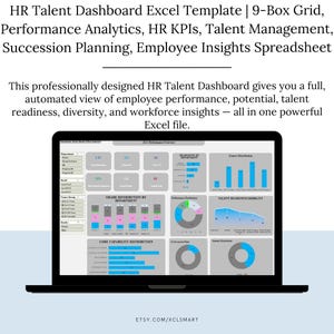 May include: A black laptop displaying an HR Talent Dashboard Excel Template. The screen shows various charts and graphs related to performance analytics, HR KPIs, and talent management. Text on the screen includes "Grade Distribution by Department" and "Core Capability Distribution."