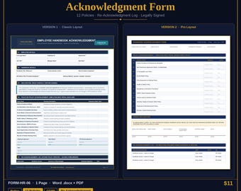 Formulario de acuse de recibo del manual del empleado / Plantilla de recibo de política de RR. HH. / Word y PDF / Descarga instantánea