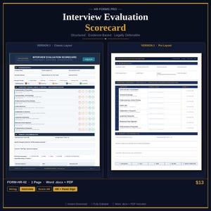 May include: A dark navy blue graphic with the text "Interview Evaluation Scorecard" and "HR FORMS PRO" at the top. The image shows two versions of a scorecard, with detailed sections for interview assessment. The bottom of the image includes the text "FORM-HR-02 1 Page Word.docx + PDF".