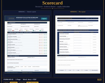 Plantilla de tarjeta de puntuación para entrevistas / Formulario de evaluación de entrevistas de RRHH / Word y PDF / Descarga instantánea