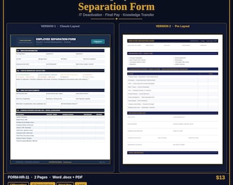 Formulario de renuncia de empleado / Plantilla de RRHH para separación y desvinculación / Word y PDF / Descarga instantánea