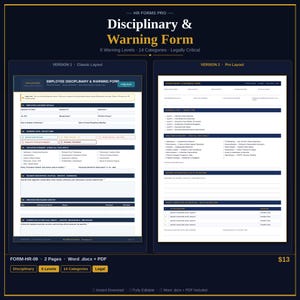 May include: A digital HR form titled "Disciplinary & Warning Form" with two layout versions. The form includes sections for employee details, warning levels, violation categories, and corrective action plans. The form is available in Word.docx and PDF formats.