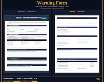 Formulario de advertencia para empleados / Plantilla disciplinaria de RRHH / Advertencia por escrito / Word y PDF / Descarga instantánea