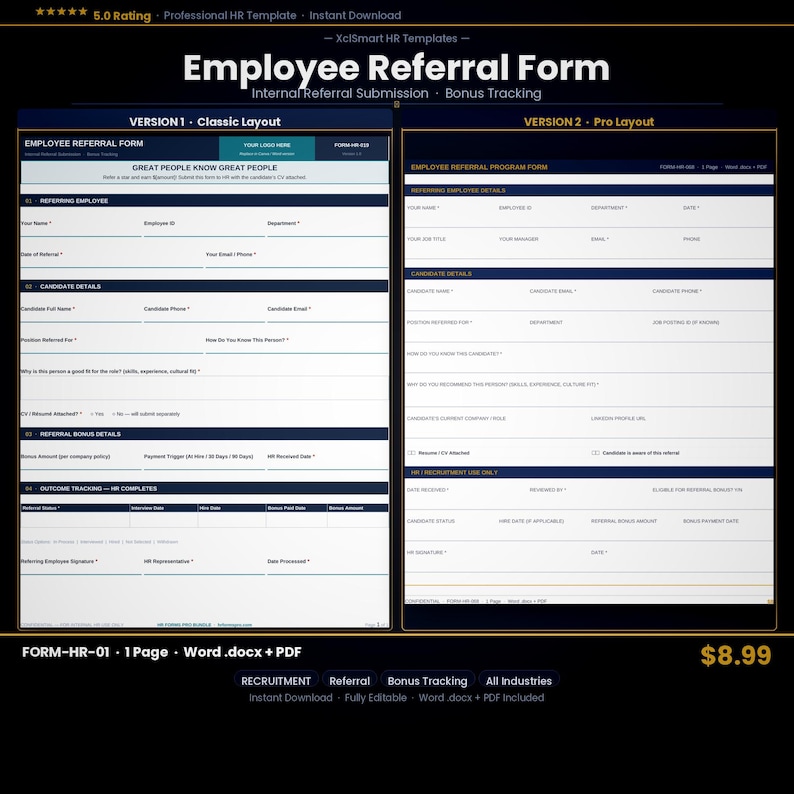 Basic Job Referral Form Template.pdf Employee Referral Form Template – Editable Word & PDF for HR Teams - Etsy