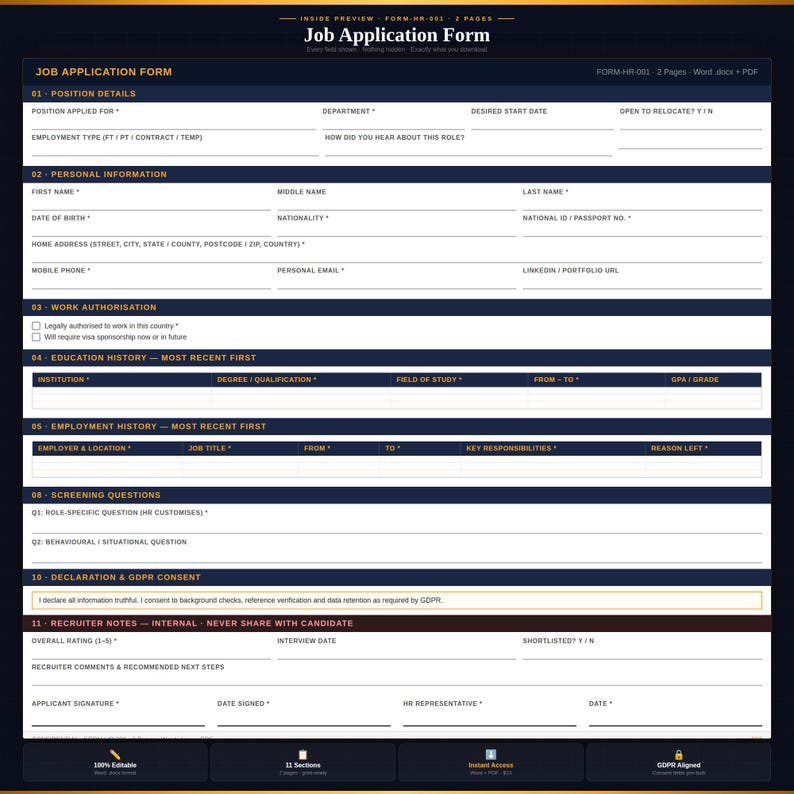 Job Application Form Template | Editable HR Form | Word & PDF | Instant ...