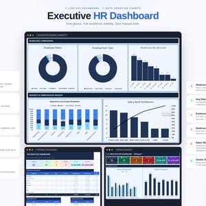 May include: A digital dashboard displaying HR analytics. The interface includes charts and graphs visualizing employee status, employment type, and salary band distribution. Text on the dashboard includes "Executive HR Dashboard" and key metrics such as total employees, active staff, and average salary.