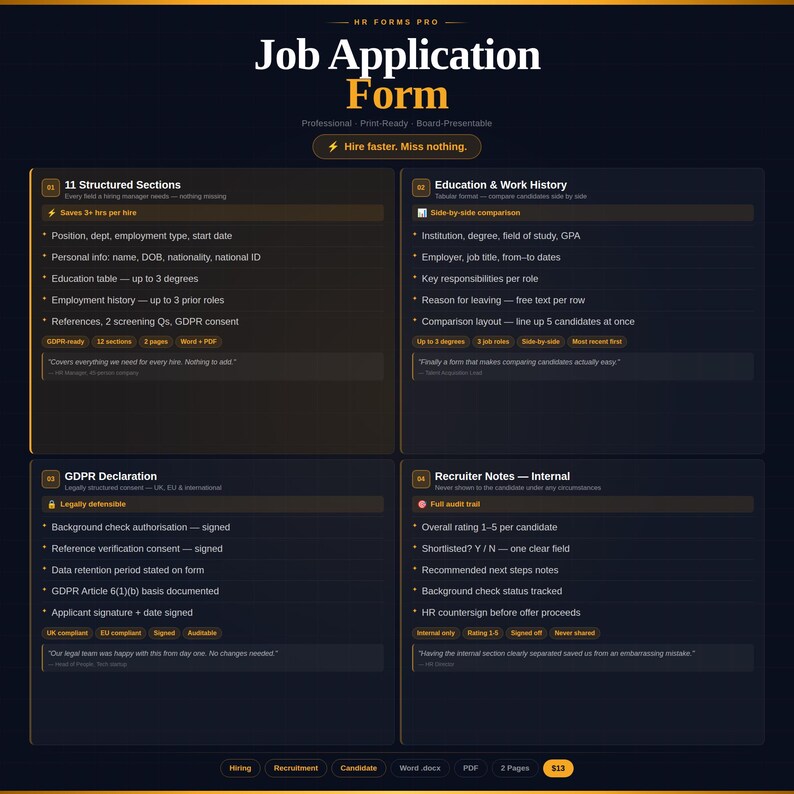 Job Application Form Template | Editable HR Form | Word & PDF | Instant ...