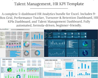 Paquete completo de análisis de RR. HH.: Rotación de personal, Retención, Gestión del talento, Rendimiento de los empleados, KPI y plantillas de panel de Excel.