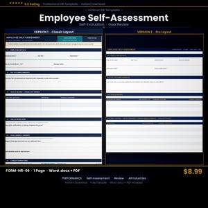 Könnte beinhalten: Eine digitale Vorlage für die Mitarbeiter-Selbsteinschätzung mit zwei Layout-Versionen. Das Dokument enthält Abschnitte für Mitarbeiterdetails, wichtige Leistungen, Zielüberprüfung, entwickelte Fähigkeiten und Karrierewünsche. Verfügbar in Word- und PDF-Formaten.