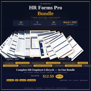 Paquete de formularios de RRHH / 12 plantillas completas de RRHH / Word y PDF / Descarga instantánea / Recursos Humanos