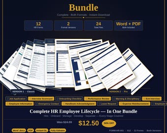 Paquete de formularios de RRHH / 12 plantillas completas de RRHH / Word y PDF / Descarga instantánea / Recursos Humanos