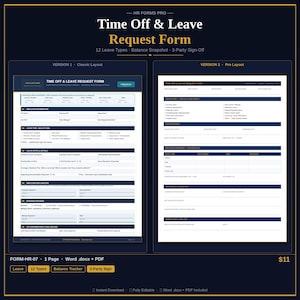 Może przedstawiać: Ciemnoniebieski dokument cyfrowy zatytułowany "Time Off & Leave Request Form" z dwiema wersjami układu. Dokument zawiera sekcje dotyczące informacji o pracowniku, szczegółów urlopu i podpisów. Tekst "HR Forms Pro" znajduje się na górze.