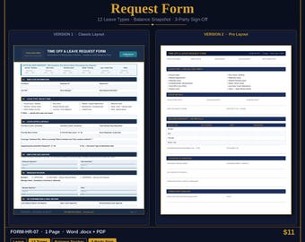 Plantilla de formulario de solicitud de permiso / Formulario de RRHH para solicitar tiempo libre / Plantilla de permiso para empleados / Word y PDF