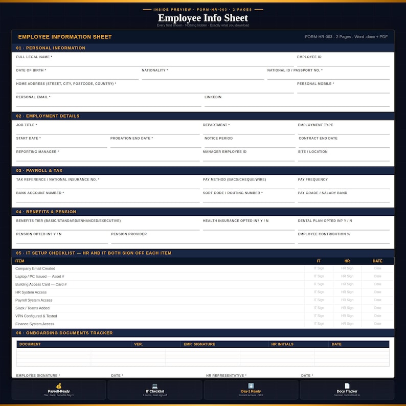 Employee Form Image Header Employee Information Sheet | New Hire HR Record Form | Editable Word ...