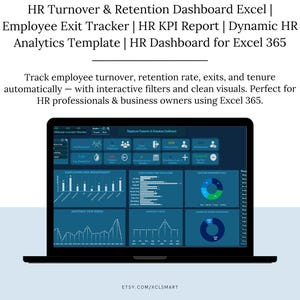 Può includere: Un laptop mostra un modello di dashboard HR per Excel 365. Lo schermo presenta grafici interattivi per il monitoraggio del turnover, della retention e dell'anzianità dei dipendenti. Il testo in alto recita "HR Turnover & Retention Dashboard Excel".
