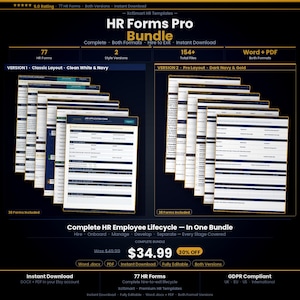 May include: HR Forms Pro Bundle with 77 forms, 2 style versions, and 154+ total files. Includes classic and pro layouts in clean white & navy and dark navy & gold. Complete HR employee lifecycle bundle with instant download in Word and PDF formats.