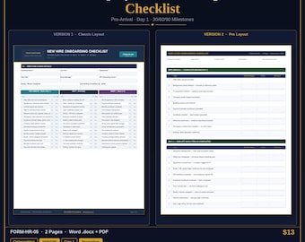Plantilla de lista de verificación para la incorporación de nuevos empleados / Formulario de incorporación de RR. HH. / Word y PDF / Descarga instantánea