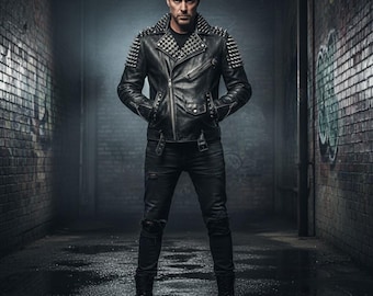 Men’s Spiked Studded Leather Biker Jacket – Gothic Punk Moto Outerwear