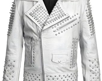 Handgjord Brando Silver Spiked Leather Jacket: Kohud bikerstil