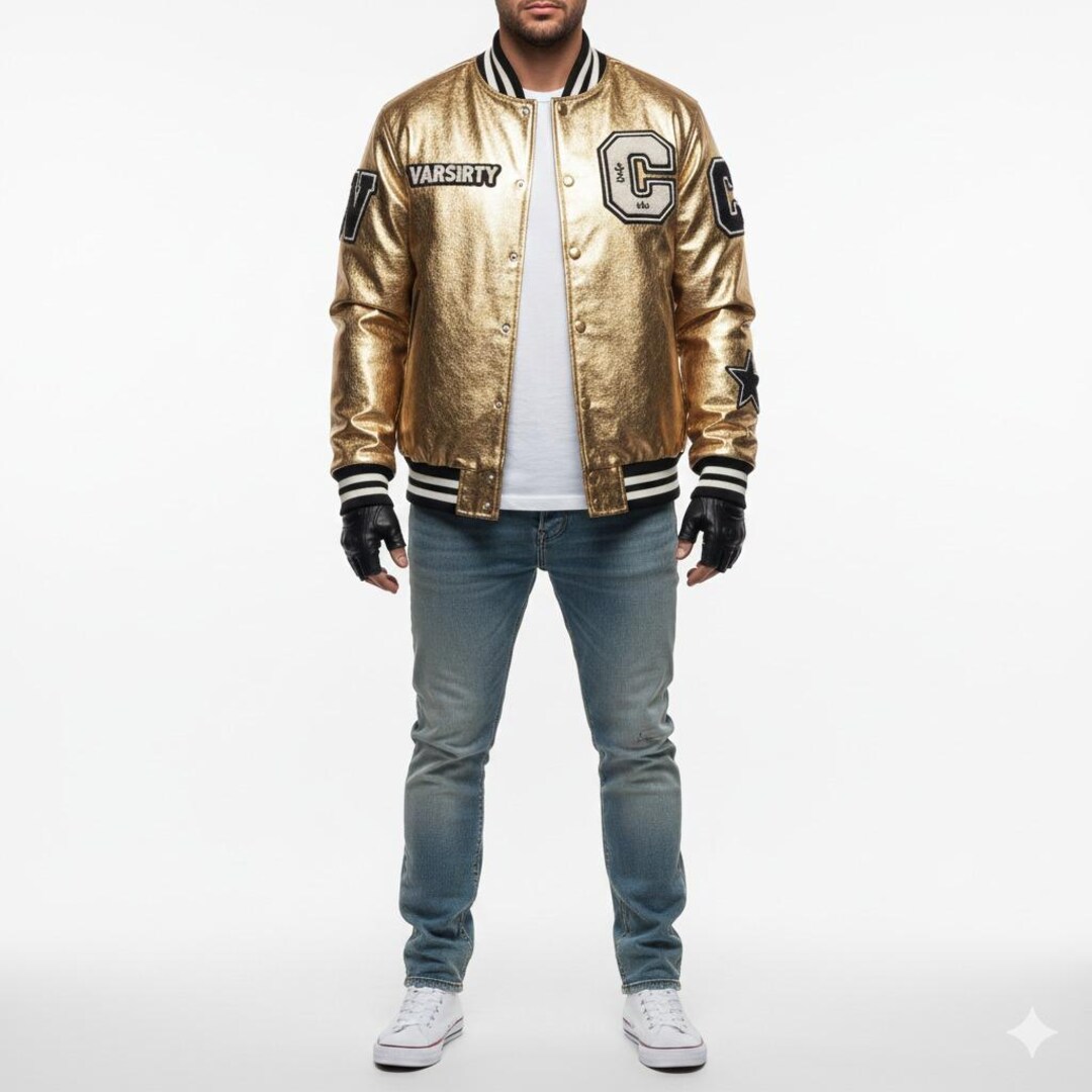 Men’s Gold Metallic Leather Varsity Jacket – Letterman Bomber With ...
