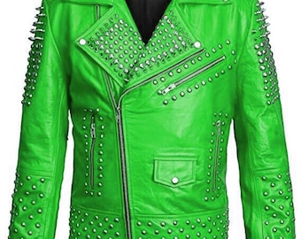 Handmade Silver Spiked Studded Brando Leather Jacket: Gothic Rockstar Cowhide