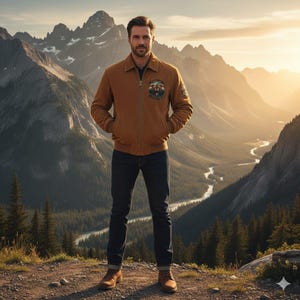May include: A man wearing a brown jacket with a bear patch and dark blue jeans stands in front of a mountain range. The jacket has a collar and a zipper. The background features a river and a sunset.
