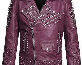 Handmade Silver Spiked Studded Cowhide Leather Jacket: Brando Biker Style