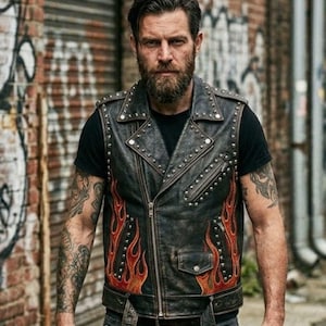 Chaleco de cuero negro para hombre estilo motero con tachuelas y llamas, estilo gótico punk moto rock.