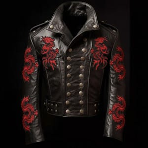 May include: Black leather jacket with red dragon embroidery on the front and sleeves. The jacket features a double-breasted design with multiple silver buttons, a notched collar, and a belt detail at the waist.