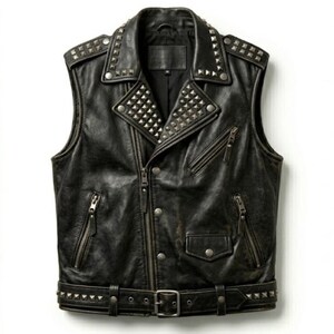 May include: Black leather vest with silver-tone pyramid studs on the shoulders, collar, and lapels. The vest has a zip-up front, multiple pockets, and a belt with a buckle at the waist. The vest is sleeveless.