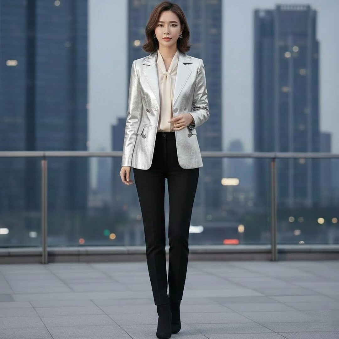 Metallic Silver Leather Blazer - Women's Double Breasted Tailored Coat ...