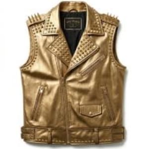 May include: A sleeveless gold leather vest with a studded design. The vest features a notched collar, a front zipper closure, and multiple pockets. The shoulders are adorned with gold spikes, adding a bold, edgy aesthetic.