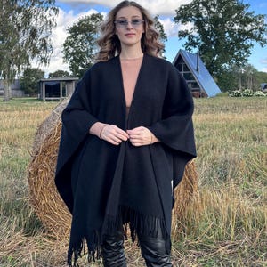 Black Wool Cape with Fringe – Oversized Open Front Wrap for Women