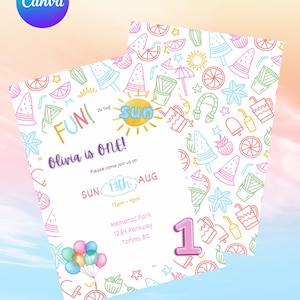 FUN In The Sun birthday invitation template, 1st birthday invite, birthday invite, printable birthday invitation