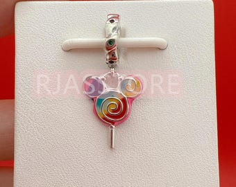 Charm colgante de piruleta de Mickey Mouse en plata de ley 925, compatible con pulseras Pandora, regalo minimalista para niñas y mujeres.