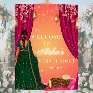 Bunte Mehndi Willkommensschild Vorlage, digitaler Download für Dholki, Sangeet, Mayoun Night, bearbeitbare CANVA Mehndi Postertafel, Mehndi Dekor