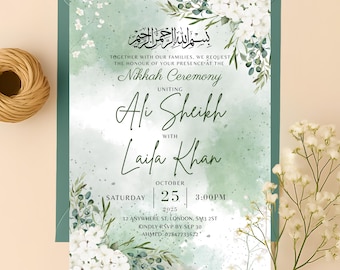 Plantilla editable de invitación islámica Nikkah en Canva, decoración Nikkah, invitación floral verde salvia y dorada / descarga digital, letrero musulmán de Walima / Nikkah