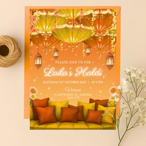 Bright Haldi Invitation Template | Mehndi Decor Mayoun Dholki Invite Sangeet | Editable Canva Template Instant Digital Download Wedding Sign