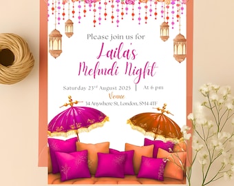 Colorful Mehndi Invitation Canva Template | Mehndi Decor Dholki Invite Sangeet Haldi Mayoun | Editable Digital Download Wedding Invite