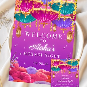 Colourful mehndi welcome sign template,digital download for dholki sign,sangeet,Mayoun sign,editable CANVA mehndi board ,mehndi decor poster