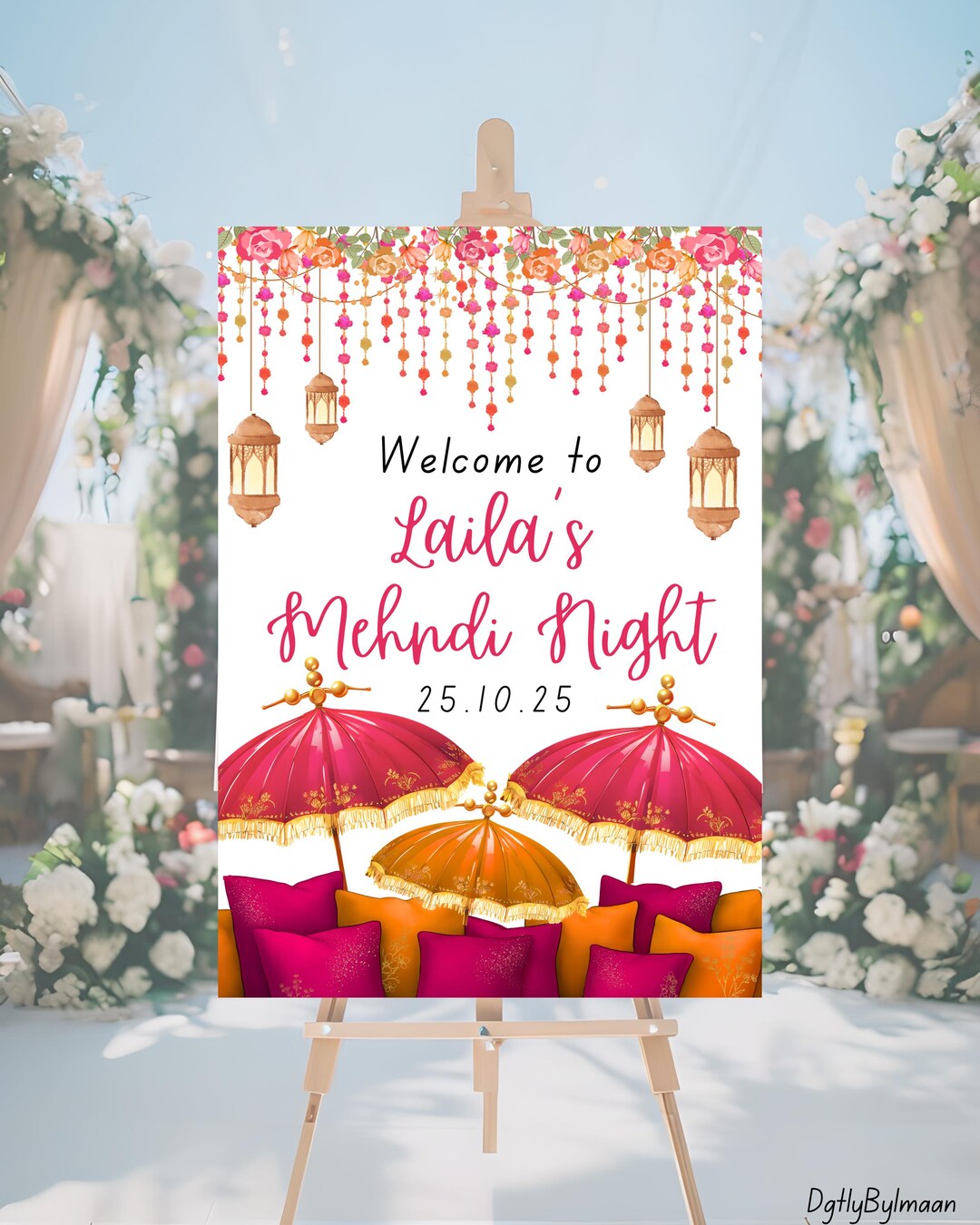 Editable Orange Mehndi Sign Canva Template Wedding Sign for